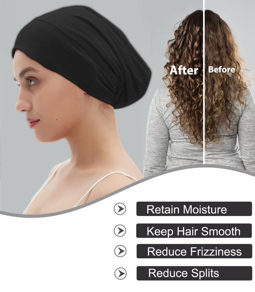 2pcs Satin Bonnet for Sleeping Night Cap, Satin Lined Silk Bonnet Large Sleep Cap for Curly Braids Hair Beanie Black Women