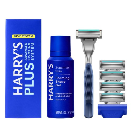 HARRY'S PLUS: Shaving Kit for Men - Premium Handle, 5 Razor Blade Cartridges, 2 oz Foaming Shave Gel & Travel Cover, Advanced Pivoting System - Tide