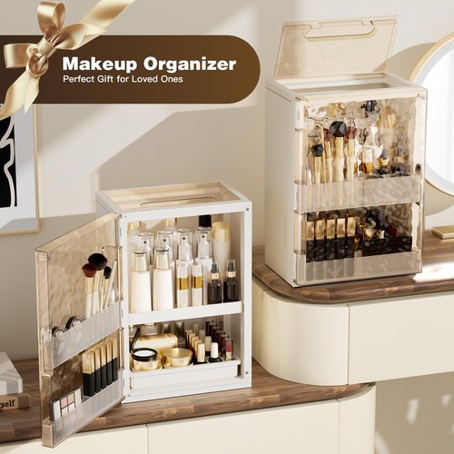 AERCIINC Makeup Organizer with Drawers,Skincare Organizer for Vanity,Large Cosmetic Display Case with Handle,Storage Organizers with Cover and Makeup Brush Holder for Dresser, Bathroom Countertop