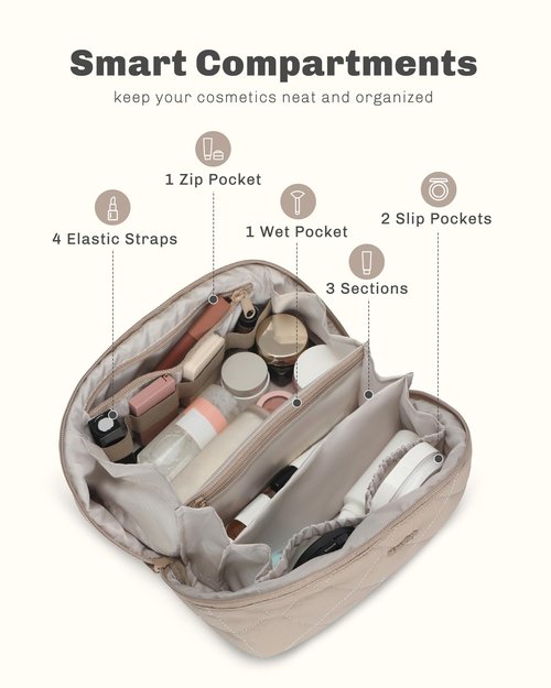 Hynes Eagle Travel Makeup Bag for Women Puffy Cosmetic Organizer Pouch Open Flat Toiletry Bag for Toiletries, Brushes Camel