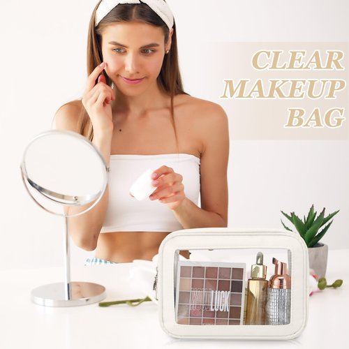 Abbylike 3 Pcs Clear Makeup Bags Car Cosmetic Bag with Zipper Nylon PVC Travel Toiletry Pouches Gifts for Women, Bridesmaid, Mom, Wedding Birthday Party Supplies(Cream White)