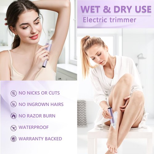 Electric Razors for Women, 2-in-1 Bikini Trimmer & Painless Hair Remover, IPX8 Waterproof Wet/Dry Cordless Shaver, Skin-Safe Blades, for Body Face Legs Underarms Sensitive Skin - Lavender Purple