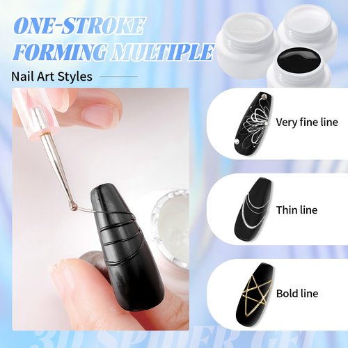 U-Shinein 3Pcs Spider Gel Set: Black & White & Transparent 3D Spider Gel Polish with Metallic Silver Gold Chrome Nail Powder for Nail Arts