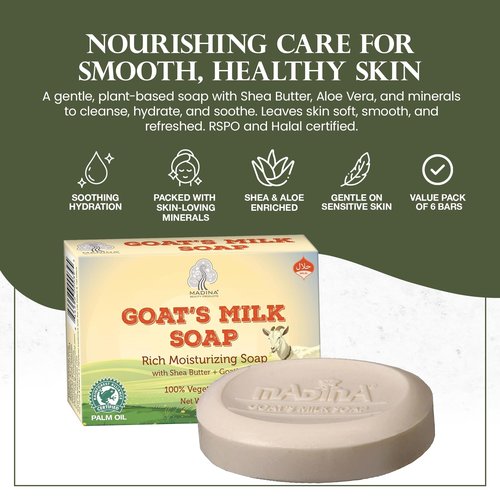 Madina Goat Milk Soap Bar – Hydrating, Moisturizing, Nourishing, Natural Vegetable-Based, Gentle Cleanser for All Skin Types, RSPO & Halal, 6 Pack (3.5 oz Each)