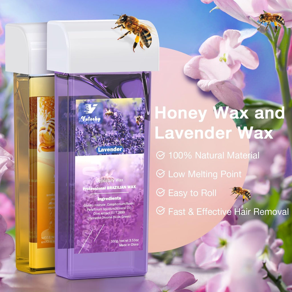 Vuteehy Roll on Waxing Kit, Roll on Wax Kit for Hair Removal, Waxing Kit at Home, Wax Roller Kit for All Skin Types Body, Sensitive Skin, Unisex, with 2 Soft Cartridges & 50 Pcs Strips