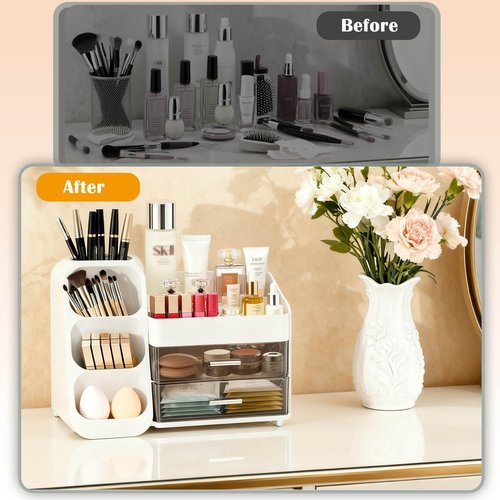 ShinyDew Makeup Organizer with Brush Holder for Vanity, Spacious Cosmetic Display Case with 2 Drawers, The Perfect Bathroom Vanity Organizer for Beauty Essentials, Skincare, Lipsticks