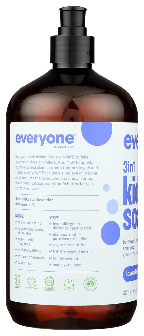 Everyone 3-in-1 Kids Soap - Lavender Lullaby Body Wash, Bubble Bath & Shampoo | 32 Ounce Coconut Cleanser with Plant Extracts