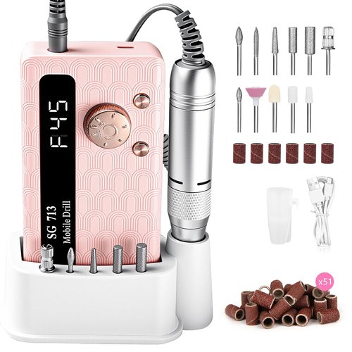 Electric Nail Drill - 45000RPM Portable Nail Drill丨Rechargeable Nail E-File Kit with 11 Bits & Base丨LED Screen丨Ultra-Silent, Rechargeable Nail Drills Machine for Acrylic Nails Gel Polishing(Pink)