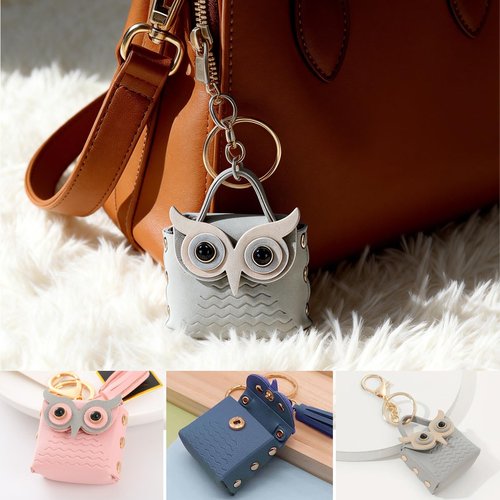 4 PCS Owl Backpack Keychain Mini PU Leather Key Chain Cute Tassel Keyring Metal Snap Small Button Change Wallet Bags for Women Cosmetic Bag Data Cable Organizer Creativity Valentine's Day Present
