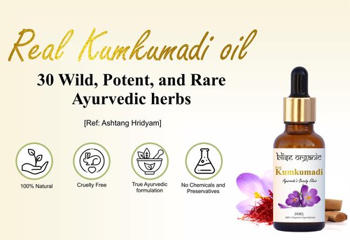 Blise organic Real Kumkumadi oil - 100% Pure and Natural, Chemical Free, Serum Face Oil, Made with Potent and Rare 30 wild Herbs, Enriched with Saffron and sandalwood and, Non GMO