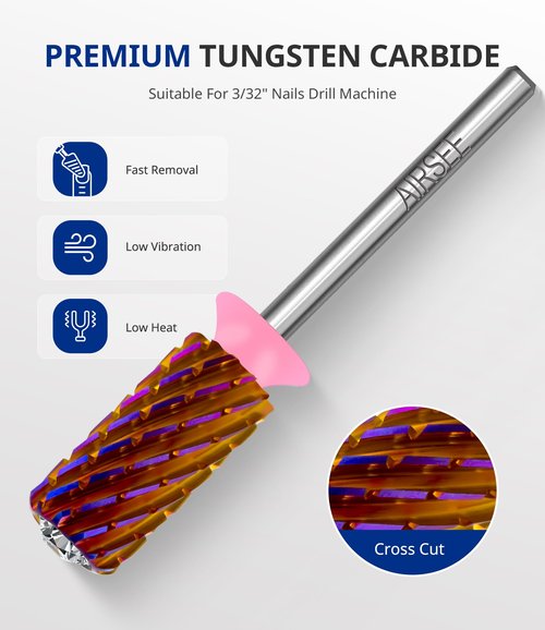 AIRSEE Tungsten Carbide Acrylic Nail Drill Bit Super Cut Bit Efile Electric File Machine Head Tip for Manicure Polishing Art Remove Gel Professional 3/32" Beginner Safety Crystal Top Barrel 3X Coarse