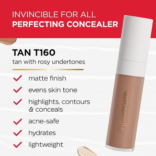 Mirabella Invincible Under Eye Concealer - Full Coverage Hydrating Formula for Dark Circles & Fine Lines | Tan T160