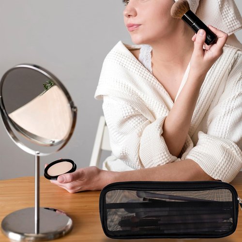 8.3 X 4 Inch 2 PCS Mesh Makeup Brush Bag Clear Travel Makeup Brush Holder Portable Mesh Travel Toiletry Bag with Zipper, Transparent Makeup Brush Storage Bag Cosmetics Brushes Organizer (Black)