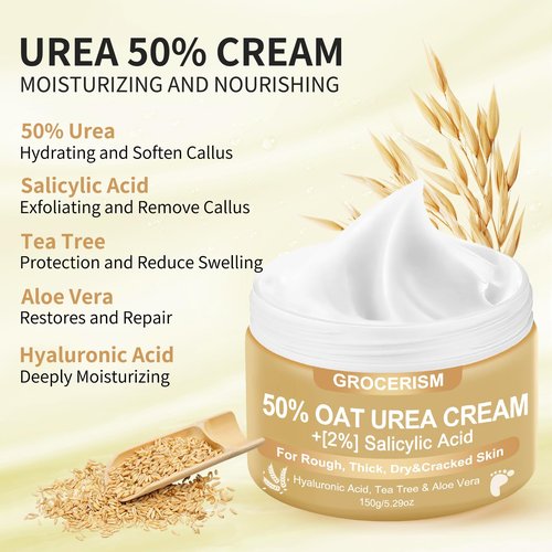 Urea Cream 50 Percent for Feet with Oat 5.29 oz || Foot & Hand Cream Maximum Strength with 2% Salicylic Acid, Tea Tree and Aloe Vera for Deep Moisturizing and Callus Removing (Upgraded Formula)