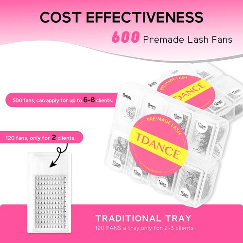 TDANCE 600 Fans Premade Fans Eyelash Extensions Natural & Volume Mixed Length Premade Lash Fans 5D-24D Handmade Promades Eyelash Fans C/D Curl Loose Fans(600-14D-0.03-C-8-15mm)