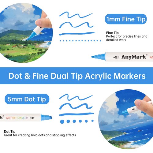 AnyMark 24 Colors Acrylic Paint Markers, Dual Tip Acrylic Paint Pens with Dot & Fine Tip, Premium Paint Markers for Coloring, Canvas, wood, Stone, Rock Painting, Glass