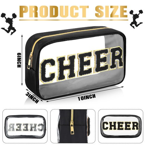 Abbylike Cheer Clear Makeup Letter Bag Cosmetic Zipper Cheers Pouch Chenille Patch Cheerleader Gifts Preppy Cheer Nylon Handmade Toiletry Bags for Women Girls Gifts (1, Black)