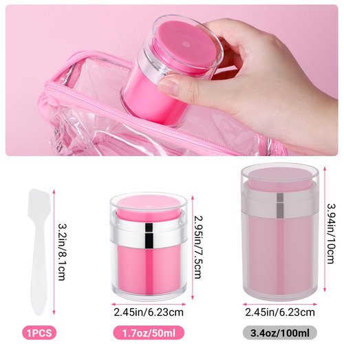 Segbeauty 1.7oz Airless Travel Toiletry Bottles Empty Jar, 3pcs Refillable Pink Lotion Pump Dispenser Bottle Containers, 50ml Small Travel Size Bottles with Pump, Leak Proof Cosmetic Vacuum Cream Jar
