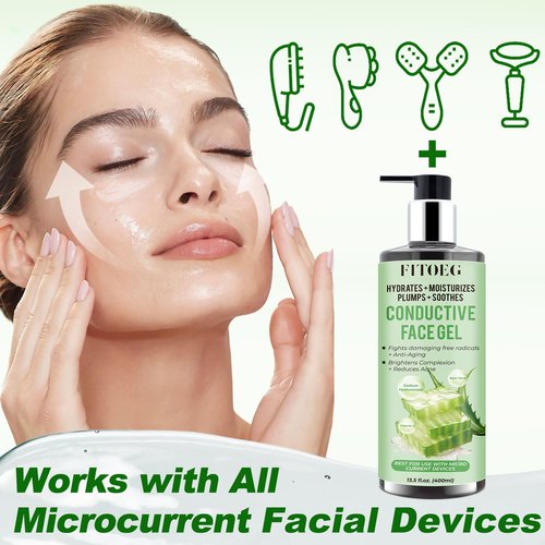 FITOEG Conductive-Gel-for-Face-Microcurrent, 13.5 Oz Large Bottle Hydrating Massage Gel Serum for Facial Machine Device, Leave-On Gel Primer for Face,Hyaluronic Acid,Aloe Vera,Vitamin E