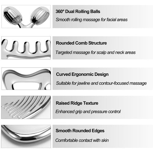 Gua Sha Facial Tools & Face Roller Set, Stainless Steel Facial Massager Tools for Lymphatic Drainage & Face Sculpting, Textured Guasha for Better Grip, Double Chin Reducer, Skincare Gift for Women