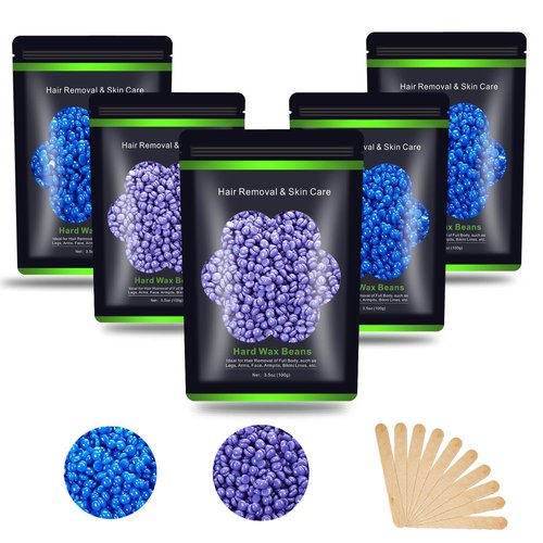 Auperwel Wax Beads for Hair Removal 1.1 lb (17.6 oz), Hard Wax Waxing Beads Kit for Sensitive Skin Brazilian, Face, Bikini, Eyebrow, Legs, Painless for Women Men, 5 packs with 10 Sticks