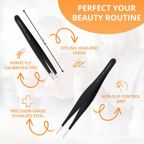 Premium 2-Piece Tweezer Set – Hand-Finished Stainless Steel Slant & Pointed Tips for Precise Hair Removal