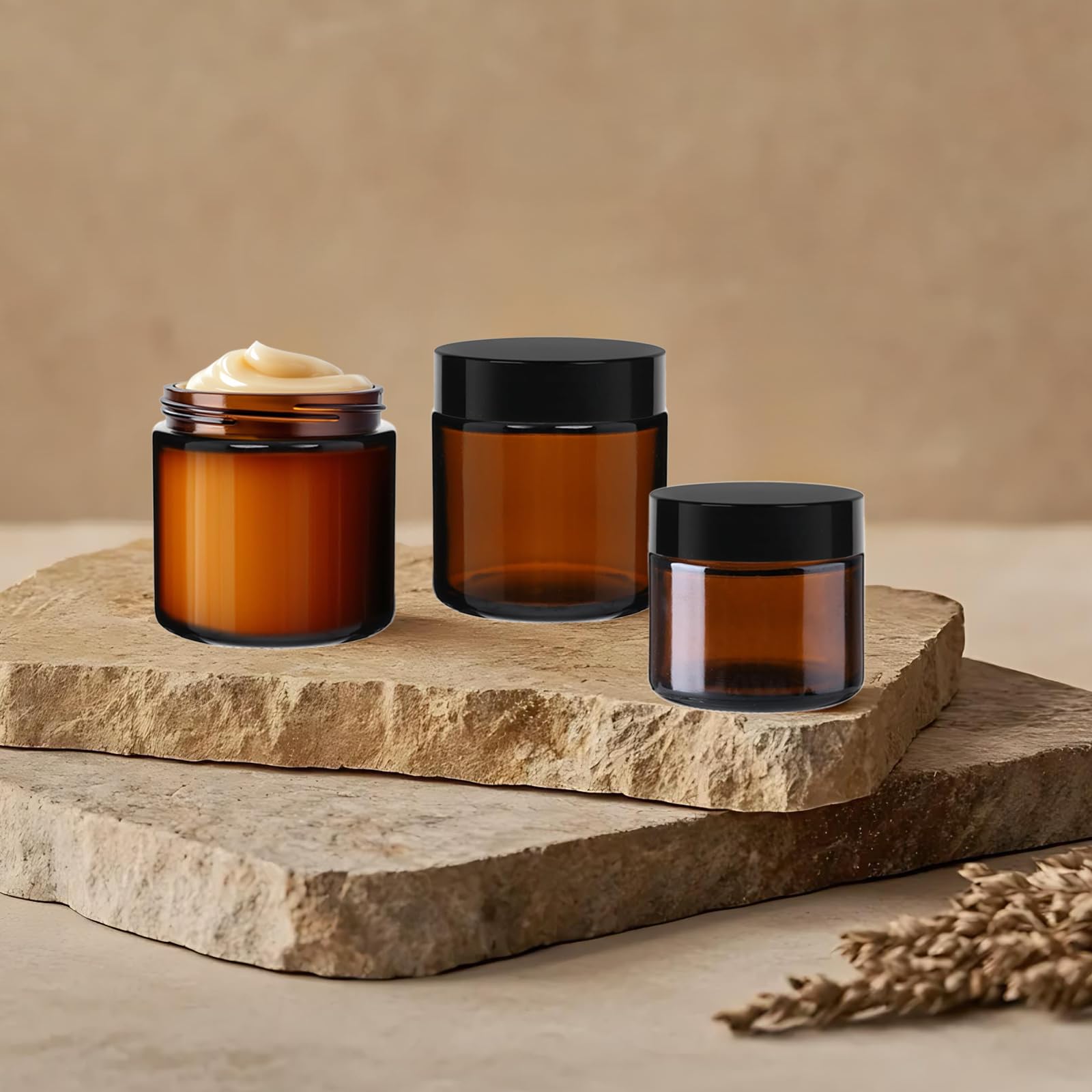 Yokodaza 15 Pack 4 oz Glass Jars with Lids, Amber Refillable Containers with Inner Liners - Empty Cosmetic Jars with Labels & Spatulas for Makeup Lotion Candles Jam Storage
