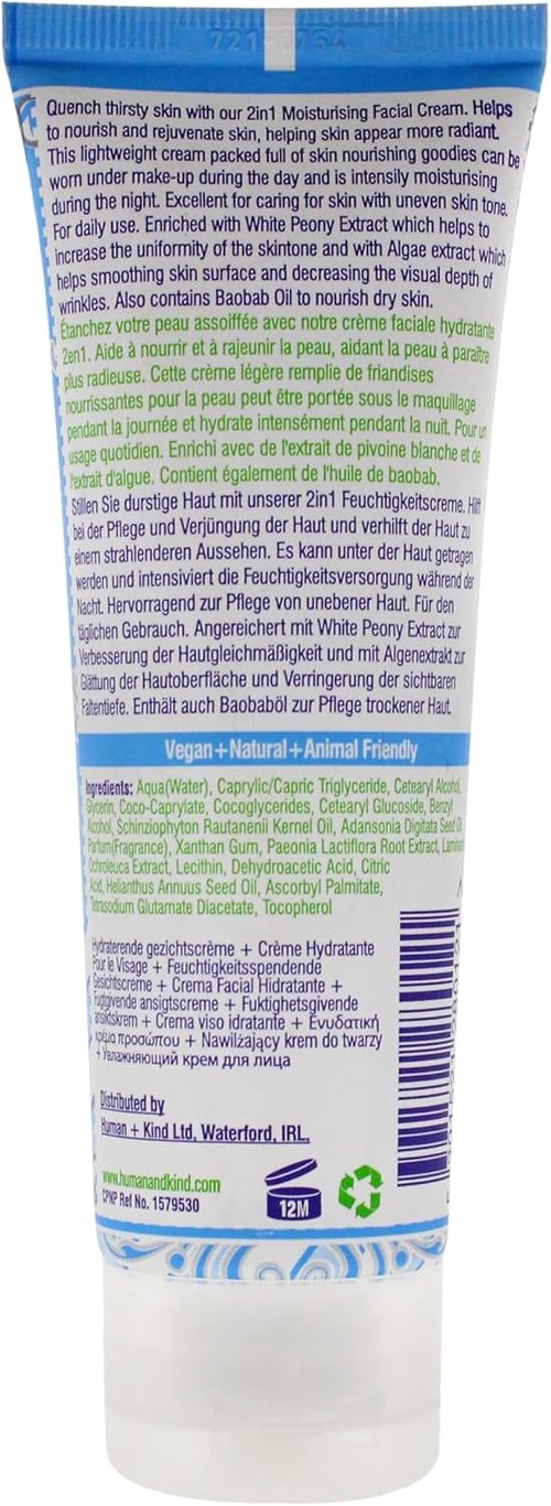Human+Kind Moisturizing Facial Cream - Nourishing & Lightweight Daily Hydration - White Peony Extract - 2.5 oz