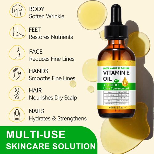 NenMaoKeNu 2 Pack Vitamin E Oil, Vitamin E Oil Blend 75,000 IU for Plump Skin, Reduce Fine Lines & Scars, Moisturizing Skin, for Skin, Scars, Face & Full Body