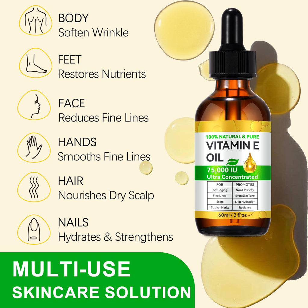 Vitamin E Oil 75,000 IU, Vitamin E Oil for Skin, Scars, Face & Full Body, Moisturize Dry Skin and Radiant Skin, Body Bath Oils, Organic Pure Easy to Absorb
