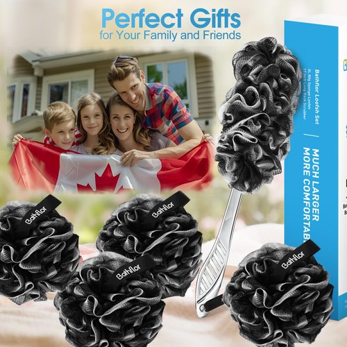 Bathflor Loofah Sponge Exfoliating Body Scrubber: 4PCS Extra Large 80g Shower Loofahs Poufs, 1PCS Long Handle Loofa Back Scrubber, 1PCS Luffa Hook, Charcoal Loofah Pack for Women Men Bath Wash, Black