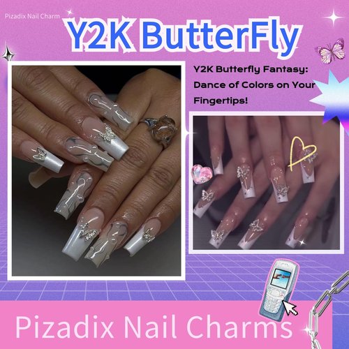 Pizadix 105 Pcs 3D Silver Nail Charms Y2K with Versatile Elements: Dollars, Crosses, Bows, Butterflies,Hearts Rhinestones, 3D Planets and Stars for Nail Art Decoration