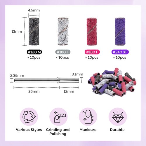 MelodySusie Nail Drill Bits, 10Pcs Diamond Sanding Bit Set with 40pcs Small Sanding Bands (#120#180#240 Grits) with 3.1mm Mandrel Bit, Nail Gel Polish Remover Tool for Acrylic Nails Manicure Nail Prep