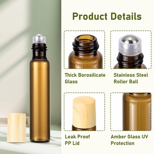 Newzoll 10mL(1/3 Oz) Amber Glass Roll On Bottles, 8 Pack Leak Proof Refillable Roller Bottles for Essential Oils, Perfume, DIY Craft, Samples, Eye Roller, Travel Portable