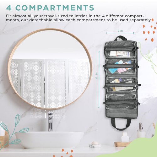 4-in-1 Hanging Toiletry bag - Roll-Up Makeup Bag - 4 Detachable PVC Zip Pouches – 600D Oxford Fabric, Versatile Travel Toiletry Organizer Bag - Makeup, Cosmetics, First Aid, Medicine Personal Care,…