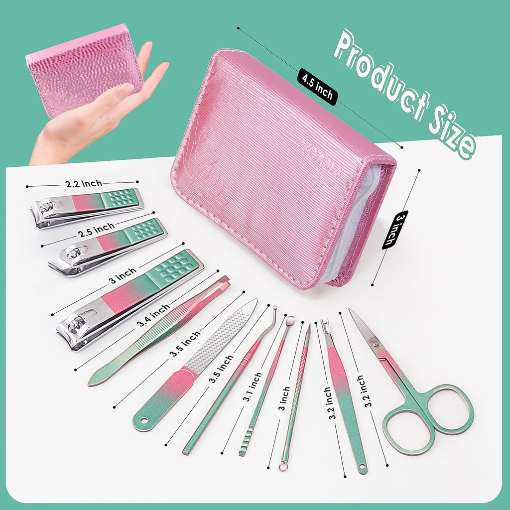 WOAMA Manicure Set Travel Nail Clippers 10-Piece Toenail Clippers Pedicure Kit Stainless Steel Nail Kit for Women - Rainbow