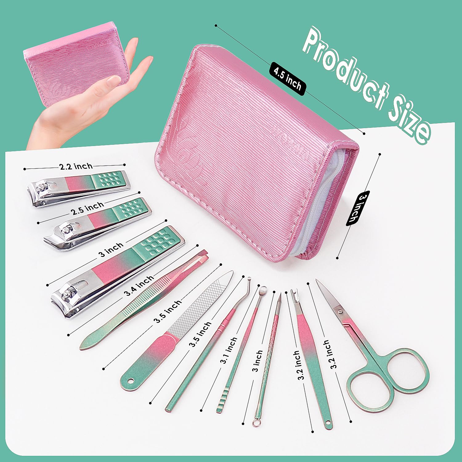 WOAMA Manicure Set Travel Nail Clippers 10-Piece Toenail Clippers Pedicure Kit Stainless Steel Nail Kit for Women - Rainbow