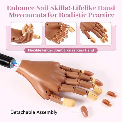 LIONVISON Practice Hand for Acrylic Nails: Magnetic Manicure Fake Nail Training Hand with Flexible Detachable Hand & 100 Strengthen Nail Tips for Nail Beginners (Brown)