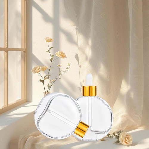 AGENIZ Clear Dropper Bottles 2 OZ 6 Pcs Transparent Round Flat Glass Bottles with Eye Dropper, for Perfume Serums Hair Oils and other liquids (Clear-Gold Lids, 2 OZ)