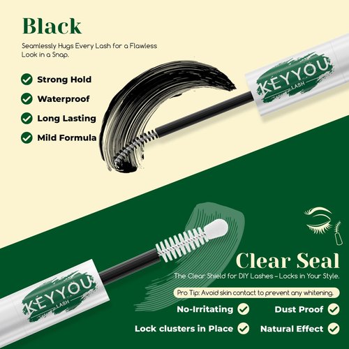 KEYYOU LASH Cluster Glue,New Lash Bond and Seal Waterproof for Eyelash Clusters,72Hours 2-in-1 Super Hold Long-Lasting Non-Irritating for DIY at Home(Black Bond,10ML)