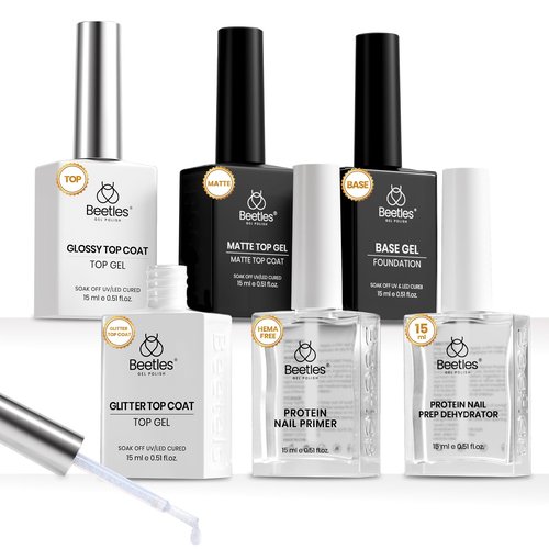 Beetles 6 Pcs 15ml Glossy & Matte Gel Top and Base Coat Set with Protein Nail Prep Dehydrator and Primer Acid-Free & Hema-Free Dehydrate Bond Primer t for Acrylic & Gel Nail Polish Gifts