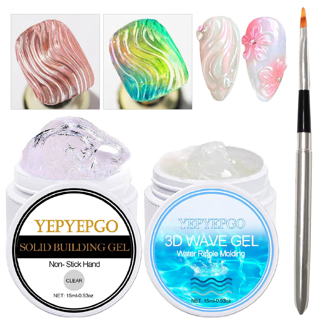 YEPYEPGO 3D Sculpting Gel for Nail Art, 2Pcs Non-Sticky Hand Solid Sculpture Builder Gel and Hard 3D Molding Gels with Pro Brush U V Soak Off Salon Quality DIY at Home, Clear, 30g