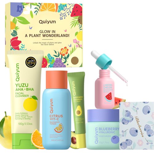 QUIYUM Fruit Skin Care Set, 5 Daily Routine Beauty Skin Care for Teens Girls - Gentle Skincare Gift Sets, Facial Care Set for Women, Christmas Birthday Gift, Stocking Stuffers, Full Size