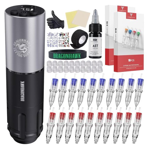 Dragonhawk A1 Beginner Tattoo Kit, Cordless Complete Pro Tattoo Gun Pen Machine Kit, Cartridges Tattoo Machine Needles