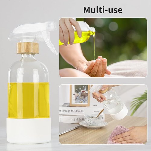 HOMBYS Bamboo Glass Spray Bottles - 17 oz Refillable Clear Containers with Silicone Sleeve Protection | Ideal for Cleaning, Essential Oils, and Misting Plants