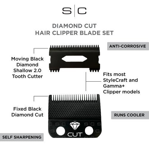 StyleCraft Replacement Diamond Cut Fixed Fade Hair Clipper Blade with Shallow Tooth 2.0 Moving Cutter Set