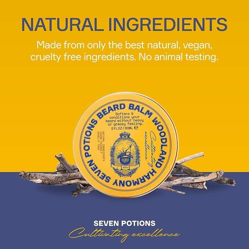 Seven Potions Beard Balm - 100% Natural Softener with Jojoba Oil | Nourishes, Softens & Stops Itch (2 oz, Woodland Harmony)