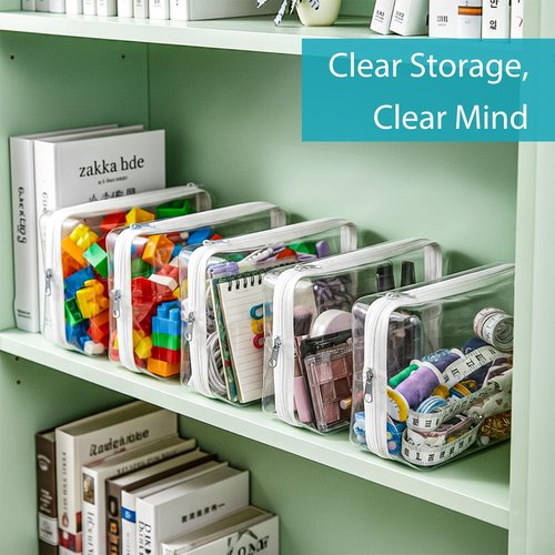 Bifrgmy 4PCS Clear Hard Shell Double-Zipper Pouches, Transparent Plastic Organizer Bags for Travel Cosmetics, Toiletries, Toy Storage & More (White)
