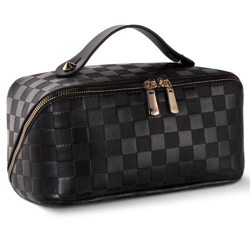 Abiudeng Travel Makeup Bag,Large Capacity Toiletry Bag Cosmetic Bags for Travel Essentials,Waterproof Portable Pouch Open Flat Makeup bag Organizer with Divider and Handle(Checkered-Black)