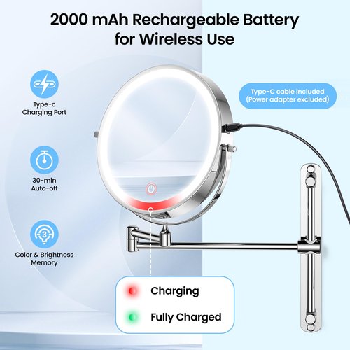 Gospire 8.5" Rechargeable Wall Mounted Lighted Makeup Mirror with Magnification 10X, Adjustable Brightness & Height, 3 Light Colors, 360° Rotation, Magnifying Mirror with Light for Women - Chrome